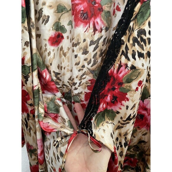 Vintage Secret Treasures Satin Robe 3XL Rose and Leopard Print Lace Trim - Picture 4 of 8
